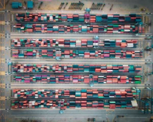 Shipping containers stacked at port