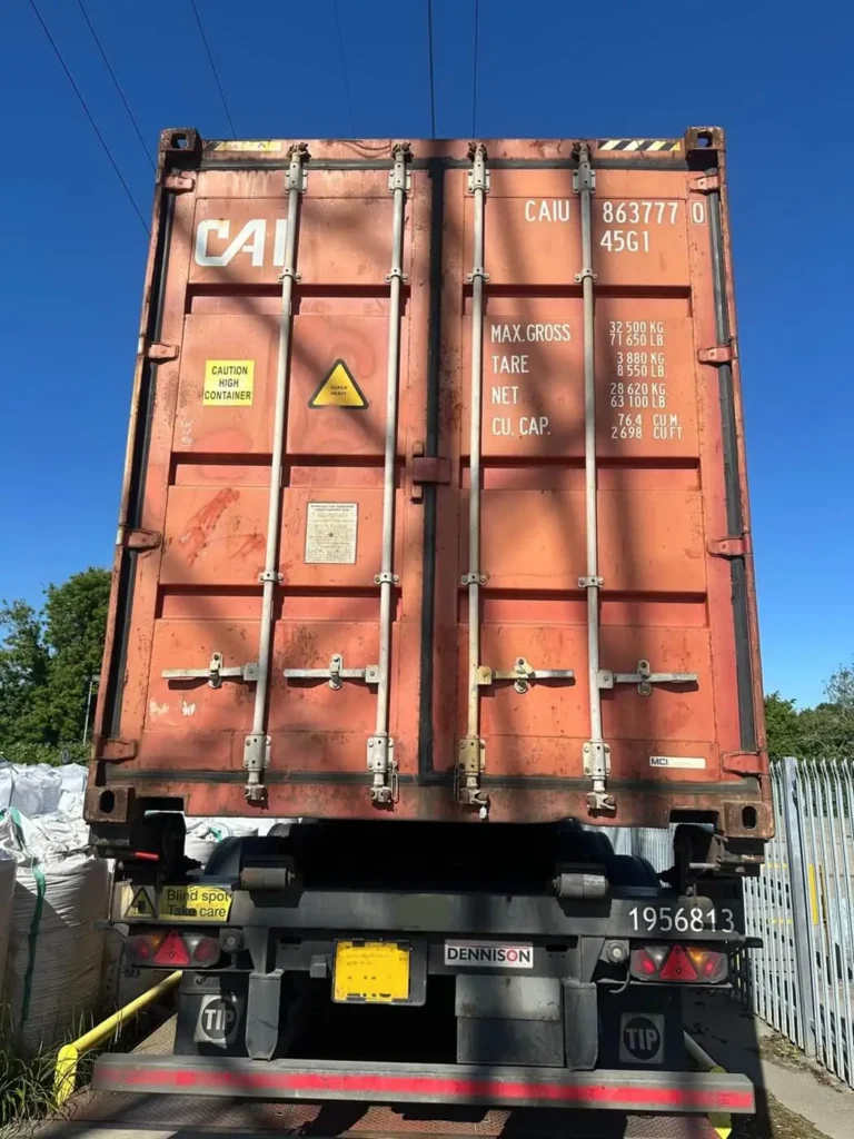 Rear of loaded, sealed shipping container for freight to Mexico from UK